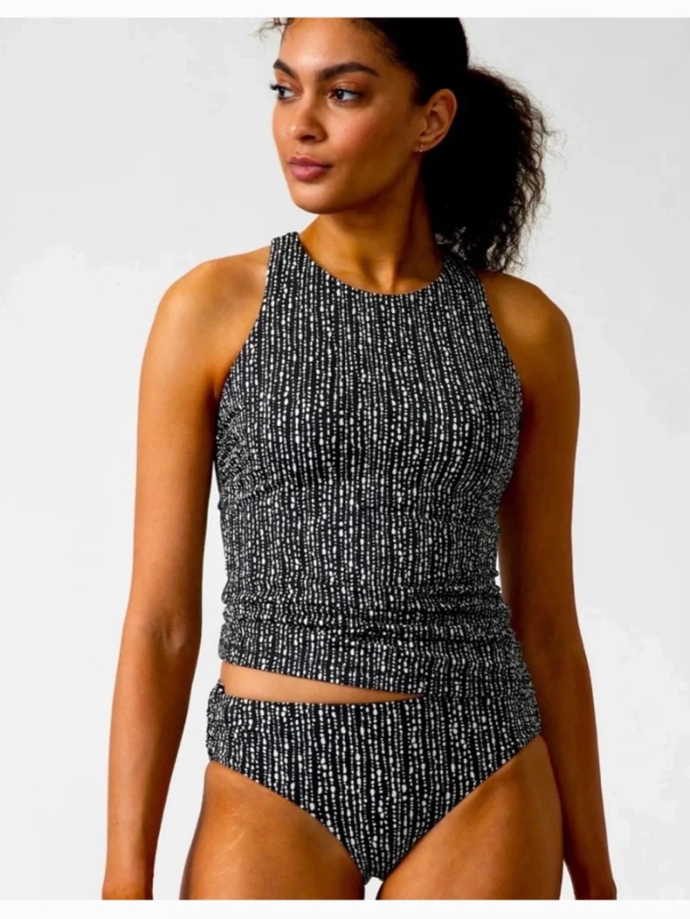 Athleta Maldives Tankini Swim Top Rice Pearls Geometric Print Black White 40D/DD